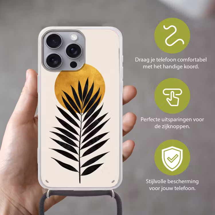 Zwart palmblad - Gouden cirkel - Beige achtergrond Hoesje iPhone 16 Pro Max met koord klein -sfeer2_NL