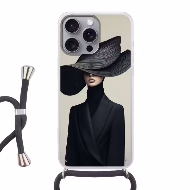 Zwart - Vrouw - Hoed Hoesje iPhone 16 Pro Max met koord klein -3d
