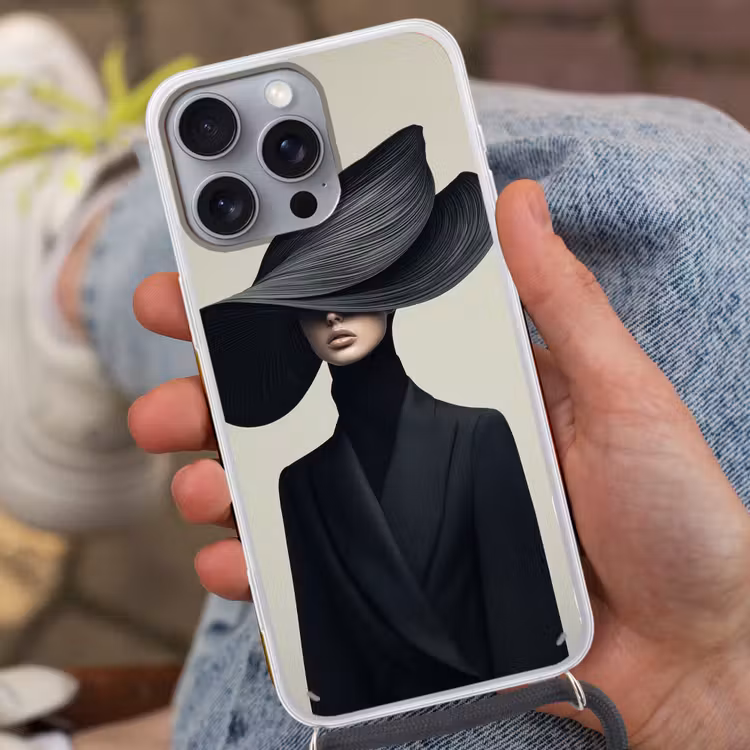 Zwart - Vrouw - Hoed Hoesje iPhone 16 Pro Max met koord klein -sfeer3