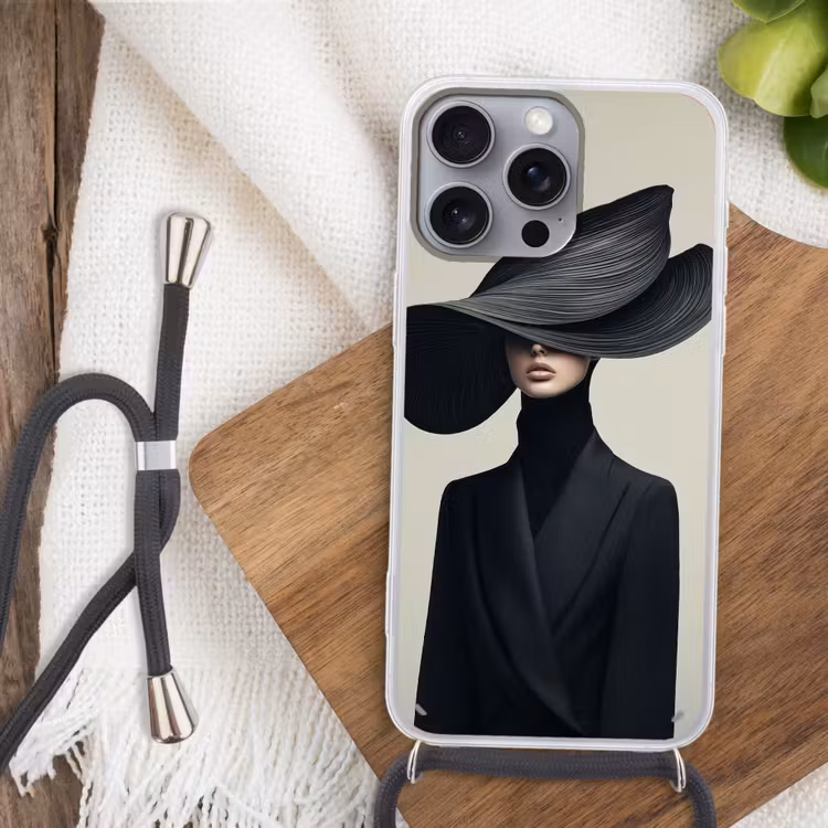 Zwart - Vrouw - Hoed Hoesje iPhone 16 Pro Max met koord klein -sfeer4