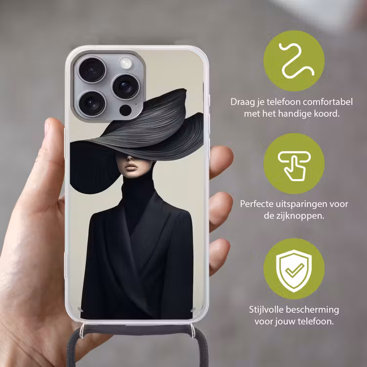Zwart - Vrouw - Hoed Hoesje iPhone 16 Pro Max met koord klein -sfeer2_NL