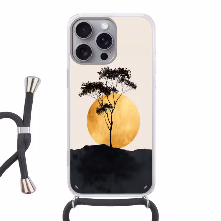 Zwarte boom - Gouden cirkel - Heuvel Hoesje iPhone 16 Pro Max met koord klein -3d