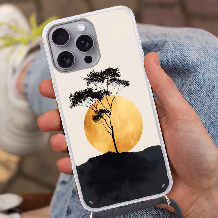 Zwarte boom - Gouden cirkel - Heuvel Hoesje iPhone 16 Pro Max met koord klein -sfeer3