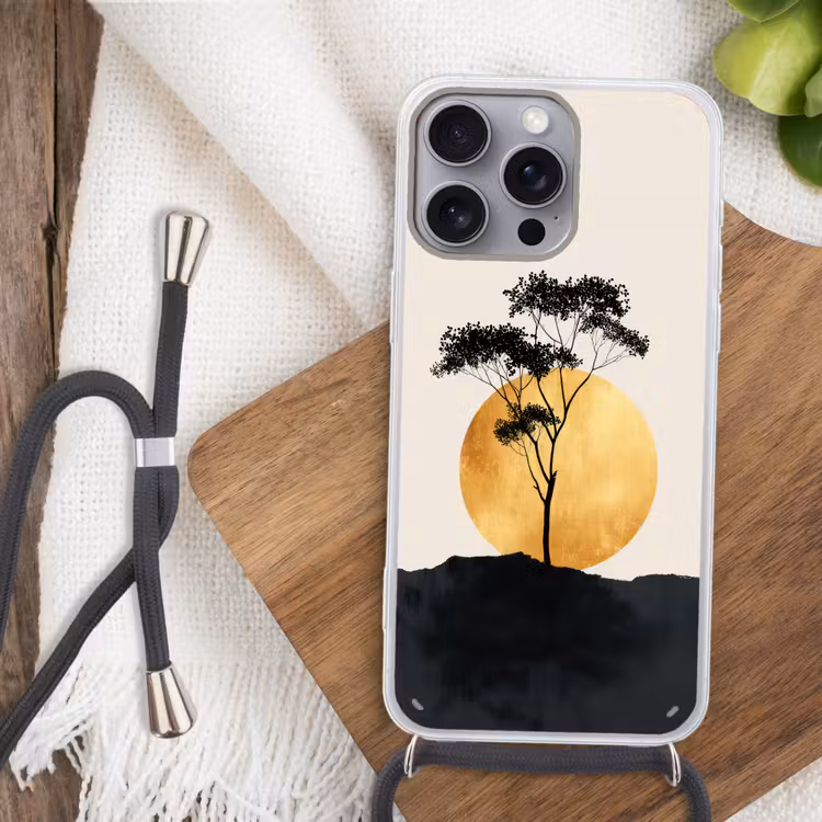 Zwarte boom - Gouden cirkel - Heuvel Hoesje iPhone 16 Pro Max met koord klein -sfeer4