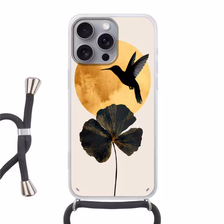 Zwarte kolibrie - Bloem - Gouden cirkel Hoesje iPhone 16 Pro Max met koord klein -3d