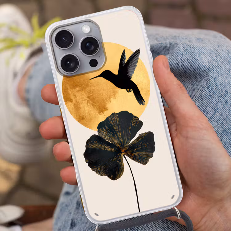 Zwarte kolibrie - Bloem - Gouden cirkel Hoesje iPhone 16 Pro Max met koord klein -sfeer3