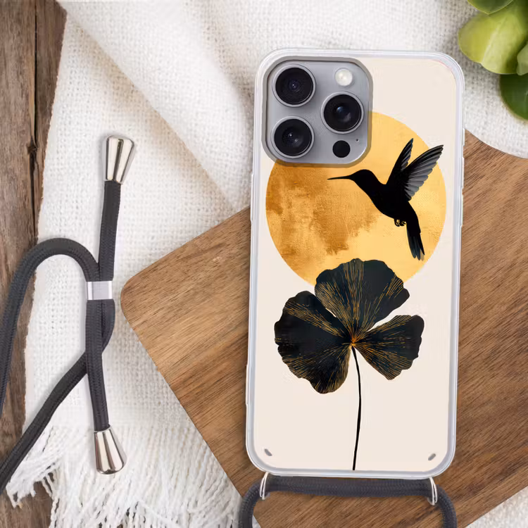 Zwarte kolibrie - Bloem - Gouden cirkel Hoesje iPhone 16 Pro Max met koord klein -sfeer4