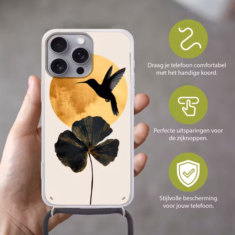 Zwarte kolibrie - Bloem - Gouden cirkel Hoesje iPhone 16 Pro Max met koord klein -sfeer2_NL
