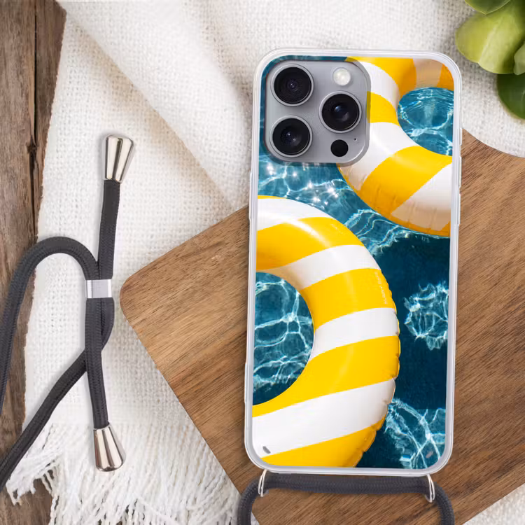 Zwembad - Zwembanden - Zomer - Geel - Blauw Hoesje iPhone 16 Pro Max met koord klein -sfeer4