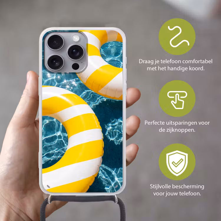 Zwembad - Zwembanden - Zomer - Geel - Blauw Hoesje iPhone 16 Pro Max met koord klein -sfeer2_NL