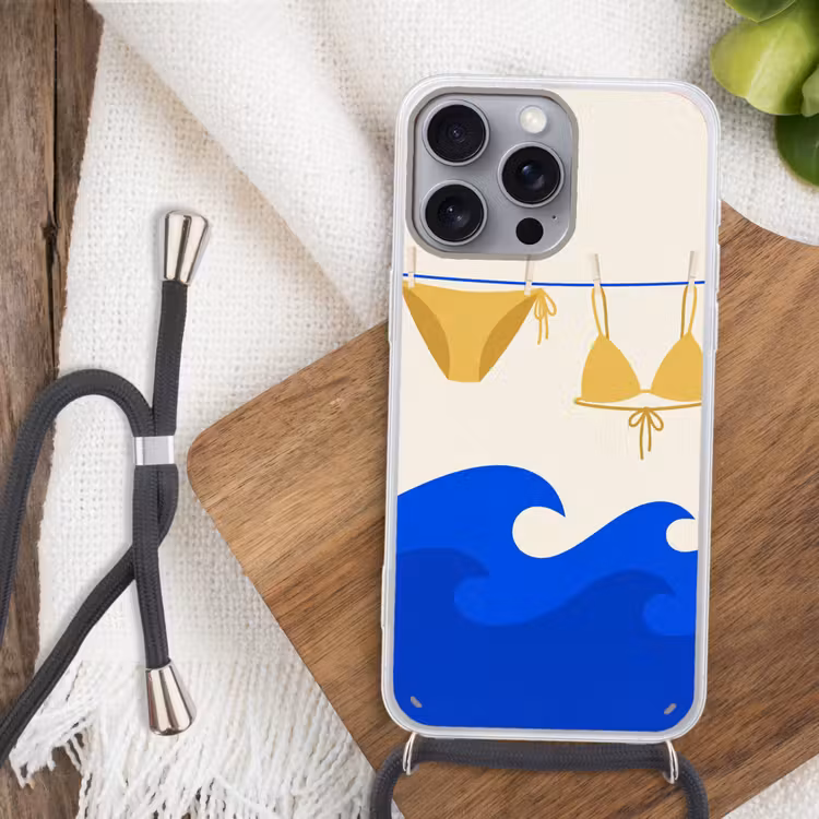 Zwemkleding - Zee - Zomer - Illustratie - Geel Hoesje iPhone 16 Pro Max met koord klein -sfeer4