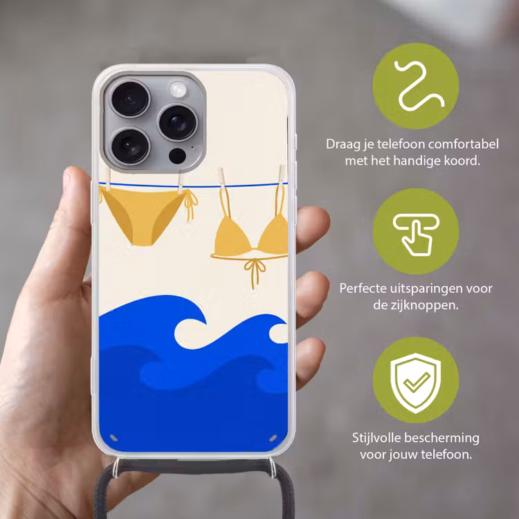 Zwemkleding - Zee - Zomer - Illustratie - Geel Hoesje iPhone 16 Pro Max met koord klein -sfeer2_NL