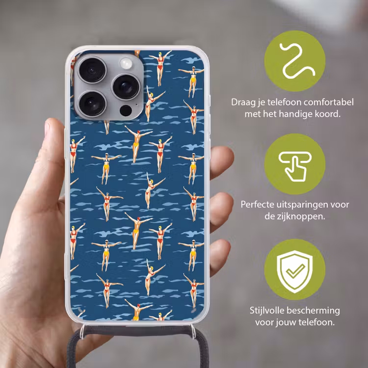 Zwemsters- Retro - Blauw Hoesje iPhone 16 Pro Max met koord klein 804 -sfeer2_NL