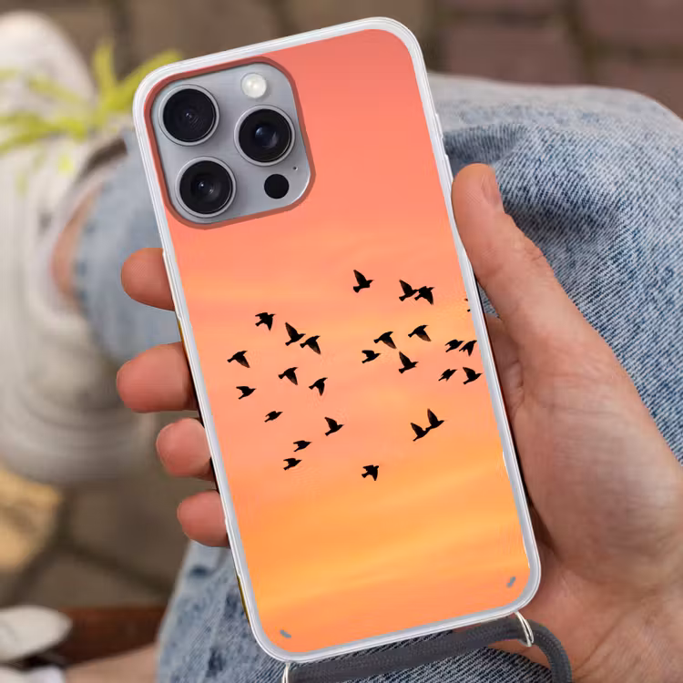 Zwerm - Vogels - Oranje Hoesje iPhone 16 Pro Max met koord klein -sfeer3