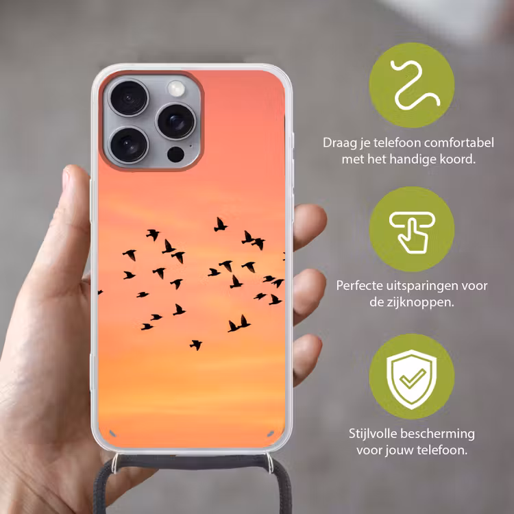 Zwerm - Vogels - Oranje Hoesje iPhone 16 Pro Max met koord klein -sfeer2_NL