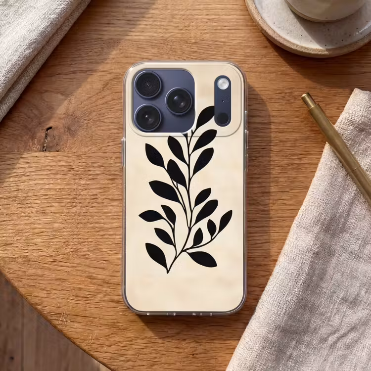Minimalistisch - Tak - Bladeren - Zwart Telefoonhoesje iPhone 17 Pro klein -sfeer1