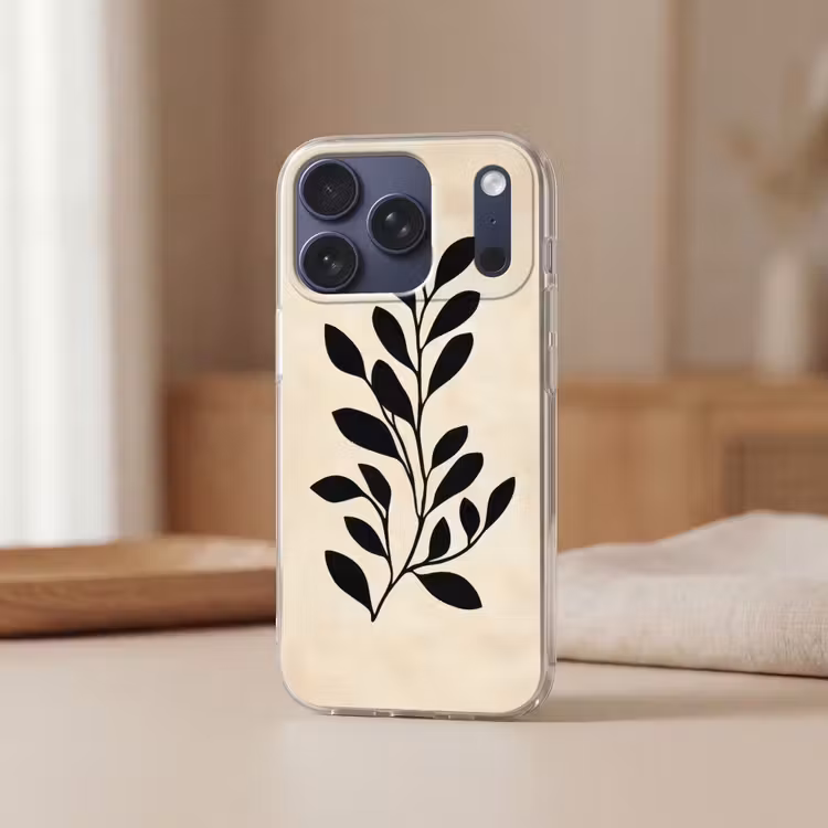 Minimalistisch - Tak - Bladeren - Zwart Telefoonhoesje iPhone 17 Pro klein -sfeer2