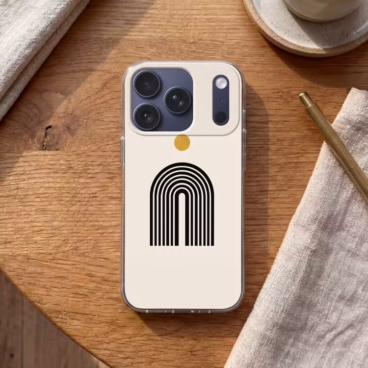 Minimalistisch - Zwarte boog - Gouden cirkel Telefoonhoesje iPhone 17 Pro klein -sfeer1