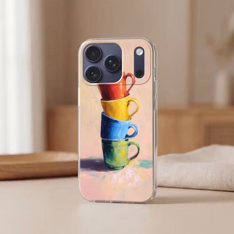 Mokken - Gestapeld - Keramiek - Kleurrijk Telefoonhoesje iPhone 17 Pro klein -sfeer2