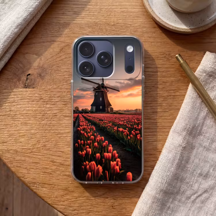 Molen - Zonsondergang - Tulpen - Rood Telefoonhoesje iPhone 17 Pro klein -sfeer1