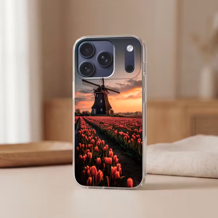 Molen - Zonsondergang - Tulpen - Rood Telefoonhoesje iPhone 17 Pro klein -sfeer2
