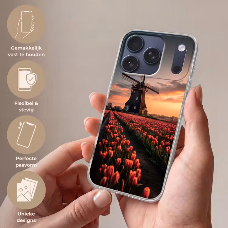 Molen - Zonsondergang - Tulpen - Rood Telefoonhoesje iPhone 17 Pro klein -sfeer3_NL
