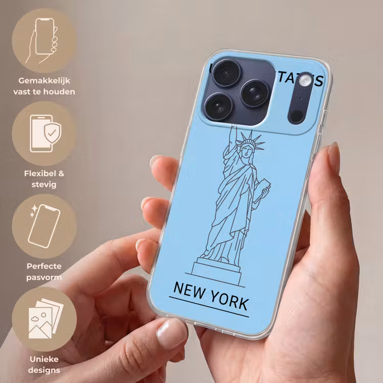 Monument - Vrijheidsbeeld - New York - Minimalistisch - Blauw Telefoonhoesje iPhone 17 Pro klein -sfeer3_NL