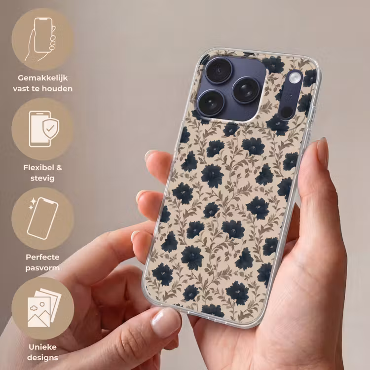 Motief - Bloemen - Zwart - Beige Telefoonhoesje iPhone 17 Pro klein 878 -sfeer3_NL