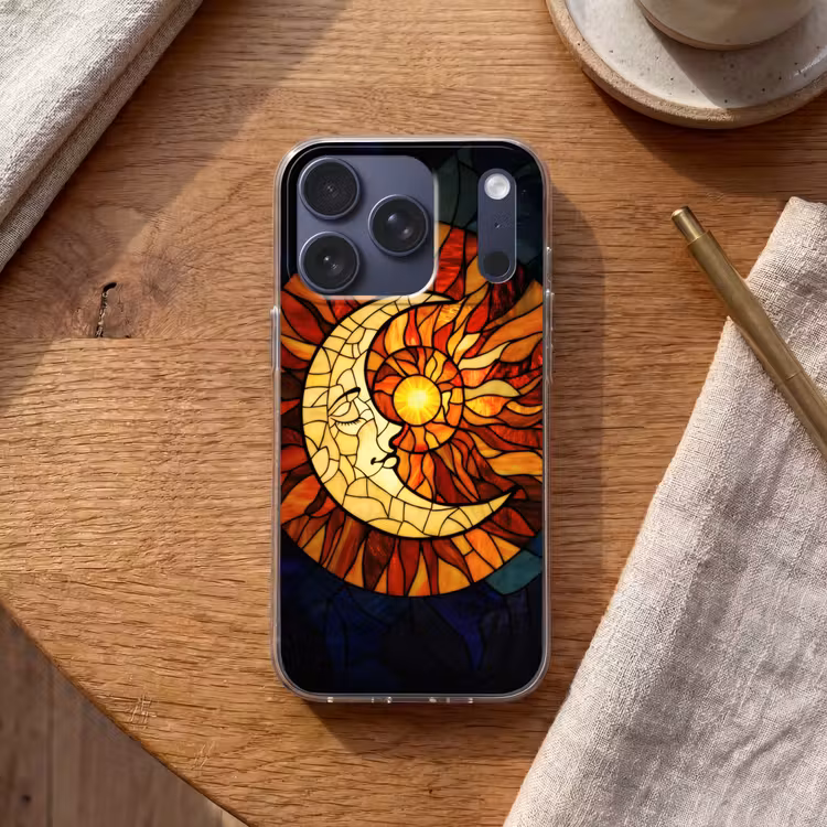 Mozaïek - Glas - Maan - Donkerblauw Telefoonhoesje iPhone 17 Pro klein -sfeer1