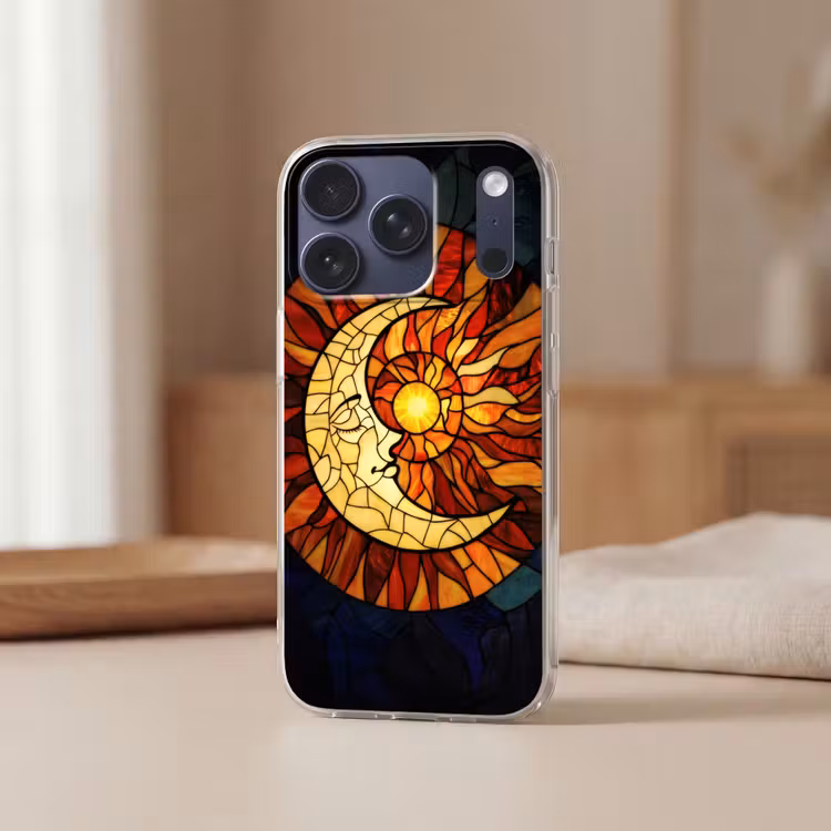 Mozaïek - Glas - Maan - Donkerblauw Telefoonhoesje iPhone 17 Pro klein -sfeer2