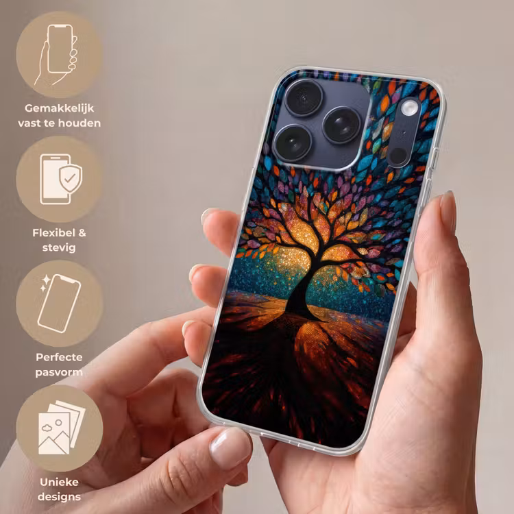 Mozaïek - Kleurrijk - Boom - Takken Telefoonhoesje iPhone 17 Pro klein -sfeer3_NL