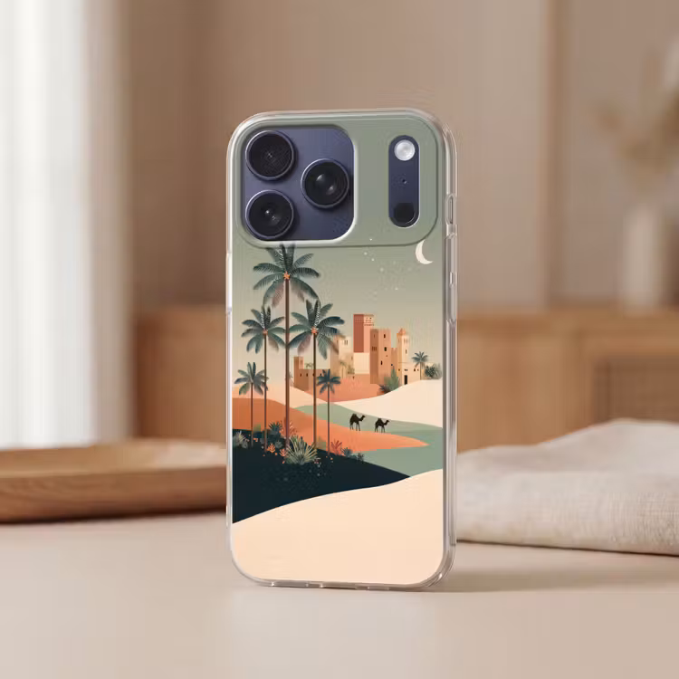 Nachtlandschap - Kamelen - Sterren - zandduinden Telefoonhoesje iPhone 17 Pro klein -sfeer2