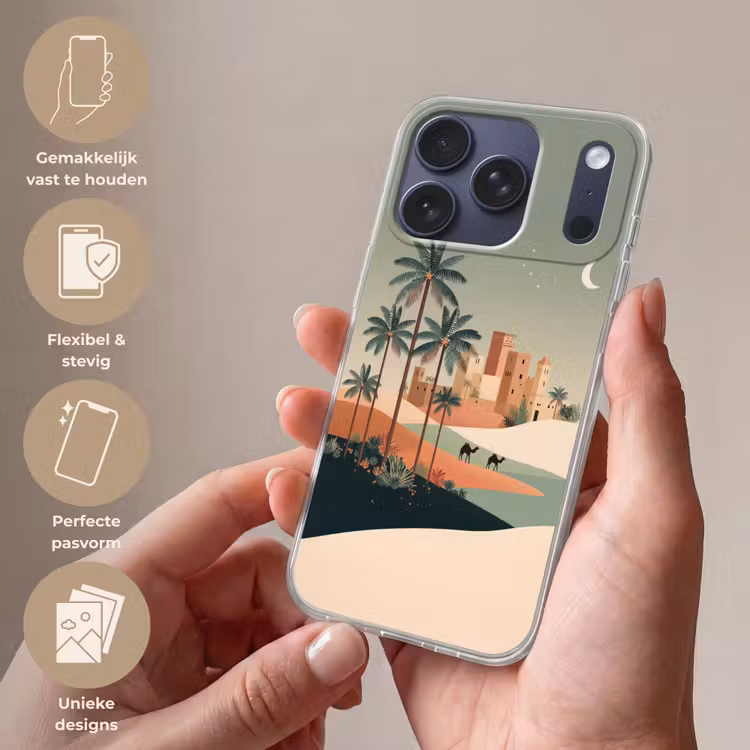 Nachtlandschap - Kamelen - Sterren - zandduinden Telefoonhoesje iPhone 17 Pro klein -sfeer3_NL