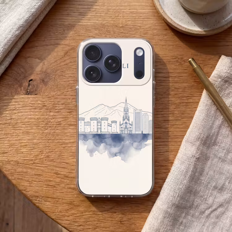 Napels - Skyline - Italie - Lijntekening - Aquarel Telefoonhoesje iPhone 17 Pro klein -sfeer1