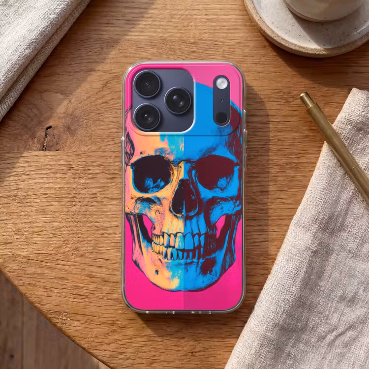 Neon - Blauw - Pop-art - Schedel Telefoonhoesje iPhone 17 Pro klein -sfeer1