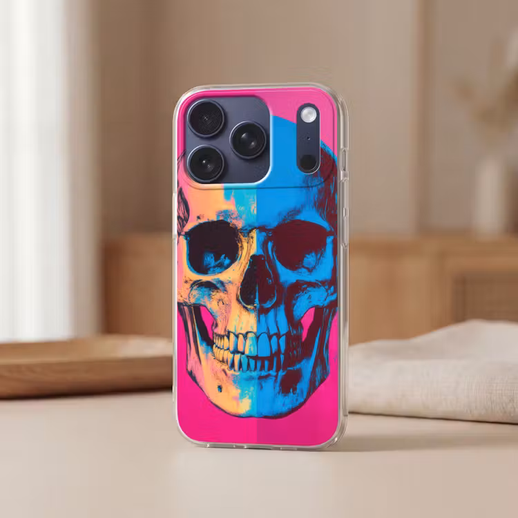 Neon - Blauw - Pop-art - Schedel Telefoonhoesje iPhone 17 Pro klein -sfeer2