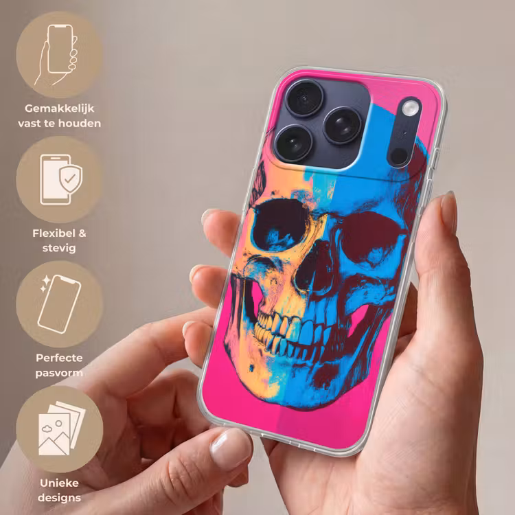 Neon - Blauw - Pop-art - Schedel Telefoonhoesje iPhone 17 Pro klein -sfeer3_NL