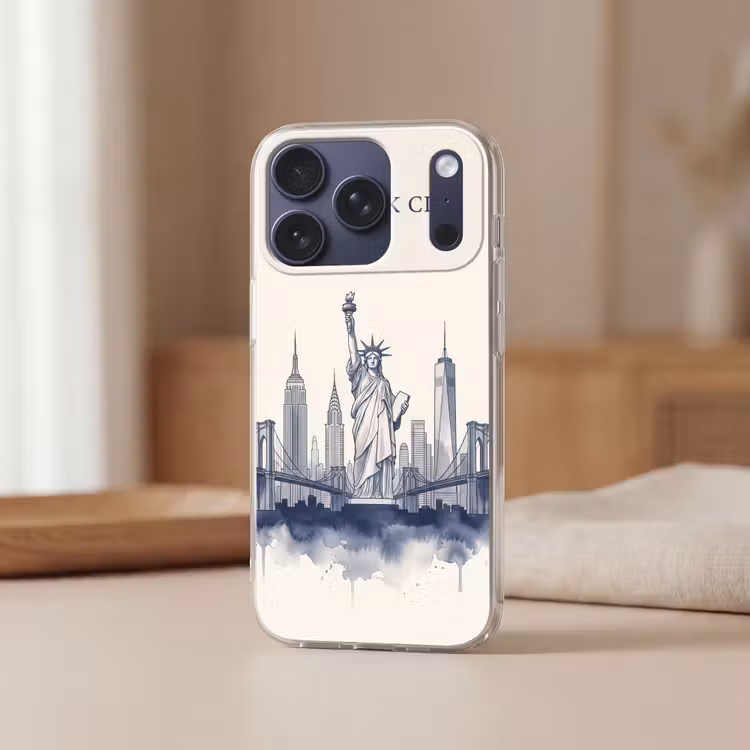 New York - Vrijheidsbeeld - Skyline - Illustratie - Blauw Telefoonhoesje iPhone 17 Pro klein -sfeer2