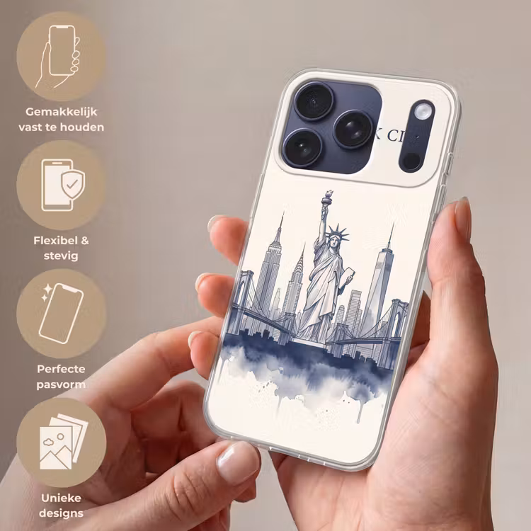 New York - Vrijheidsbeeld - Skyline - Illustratie - Blauw Telefoonhoesje iPhone 17 Pro klein -sfeer3_NL
