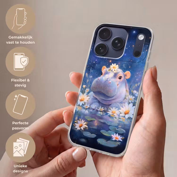 Nijlpaard - Madeliefjes - Sterrenhemel Telefoonhoesje iPhone 17 Pro klein -sfeer3_NL