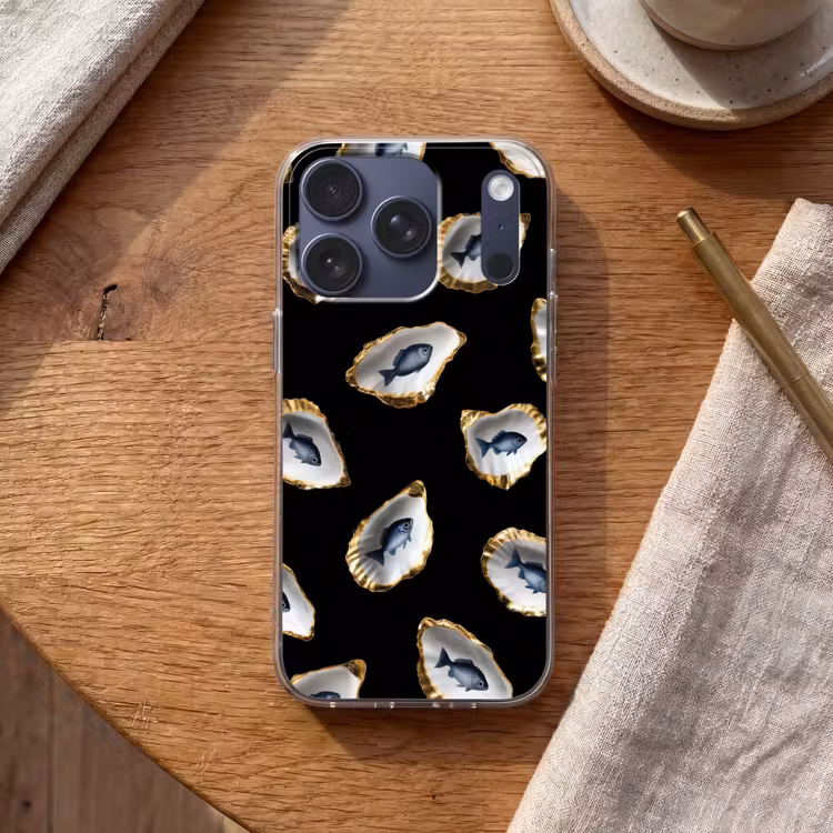 Oesters - Vissen - Blauw - Goud Telefoonhoesje iPhone 17 Pro klein -sfeer1