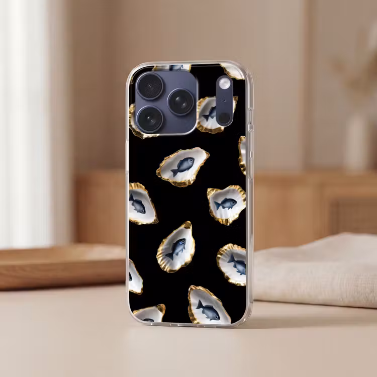 Oesters - Vissen - Blauw - Goud Telefoonhoesje iPhone 17 Pro klein -sfeer2