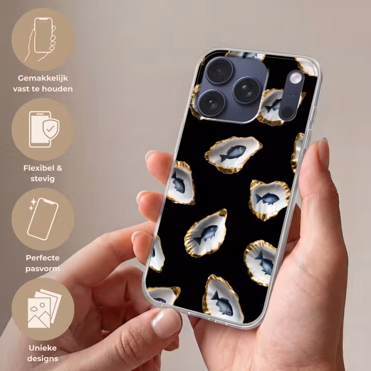 Oesters - Vissen - Blauw - Goud Telefoonhoesje iPhone 17 Pro klein -sfeer3_NL