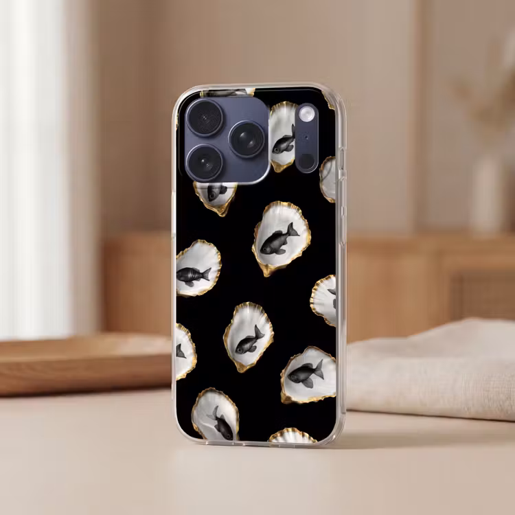 Oesters - Zwart - Vissen - Goud Telefoonhoesje iPhone 17 Pro klein -sfeer2
