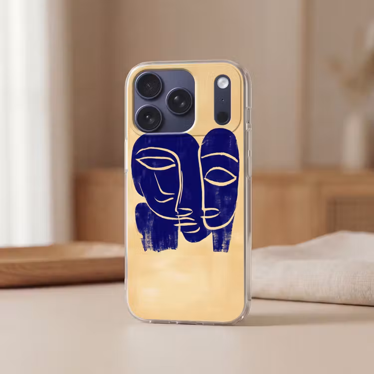 Okergeel - Blauw - Eenvoudige lijnen Telefoonhoesje iPhone 17 Pro klein -sfeer2