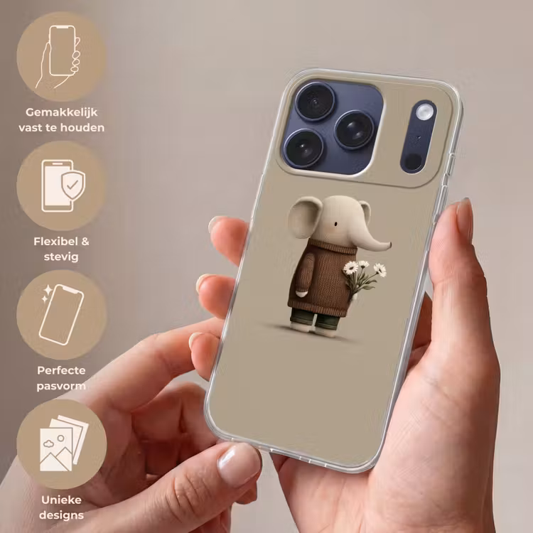 Olifant - Witte bloemen - Kindvriendelijk Telefoonhoesje iPhone 17 Pro klein -sfeer3_NL