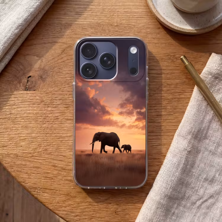 Olifanten - Grasland - Zonsondergang Telefoonhoesje iPhone 17 Pro klein -sfeer1