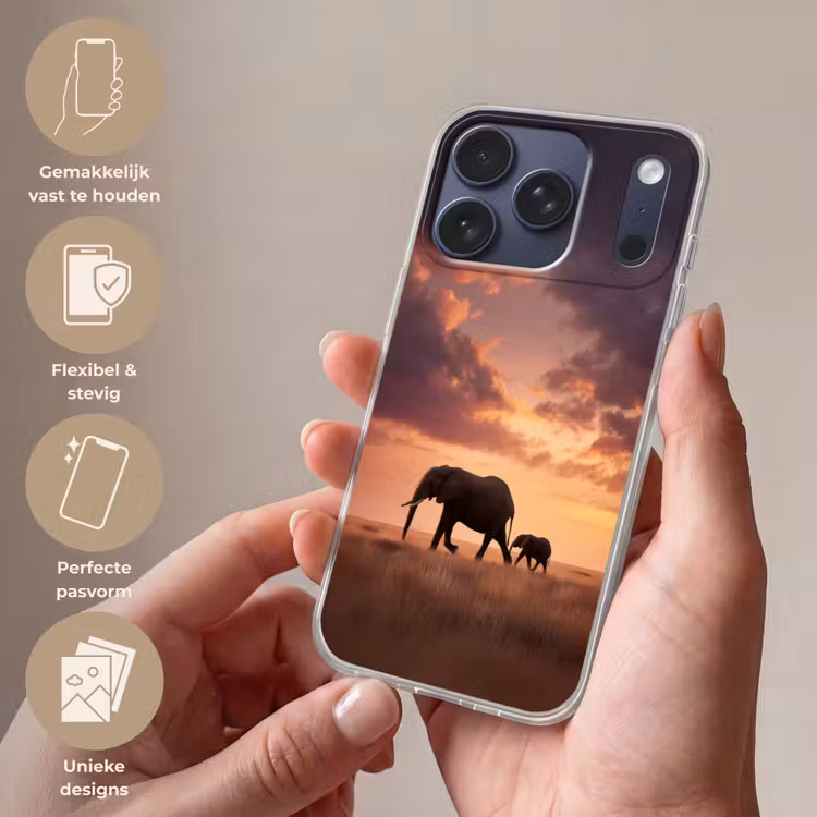Olifanten - Grasland - Zonsondergang Telefoonhoesje iPhone 17 Pro klein -sfeer3_NL