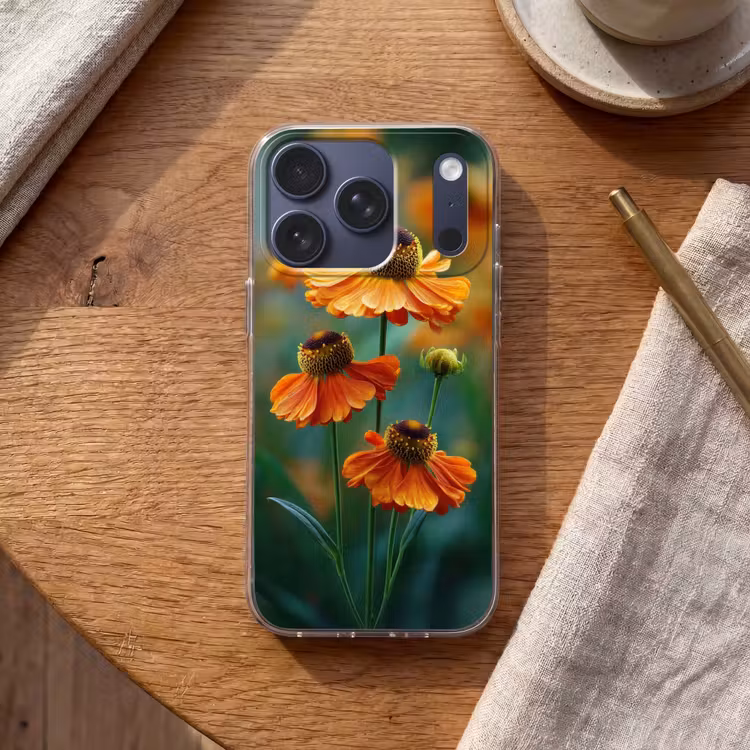 Oranje bloemen - Levendig - Wazige achtergrond Telefoonhoesje iPhone 17 Pro klein -sfeer1