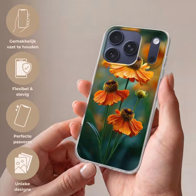 Oranje bloemen - Levendig - Wazige achtergrond Telefoonhoesje iPhone 17 Pro klein -sfeer3_NL